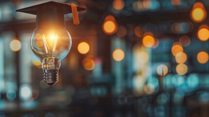 Fototapeta premium Light bulb showing his graduation cap internet education course A study of knowledge to creativity and problem-solving concepts for the e-learning graduate certificate course.