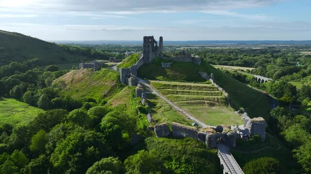 Ruins of Corfe Castle from a drone, Corfe Village, Purbeck Hills, Dorset, England, Europe