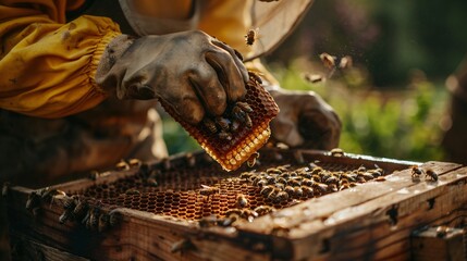 Beekeeper is uncapping honeycomb with special beekeeping tool . Apriculture and sericulture concept
