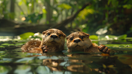 Obraz premium Two otters float on their backs in a calm river, holding hands to stay together. The water is clear and reflective, surrounded by lush, green vegetation.