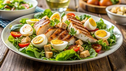 Freshly prepared gourmet salad featuring crisp romaine lettuce, tender grilled chicken, and sliced eggs, served on a clean white plate.
