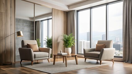 Fototapeta premium Two modern armchairs facing a mirror in a minimalist room with neutral colors and large windows, minimalist