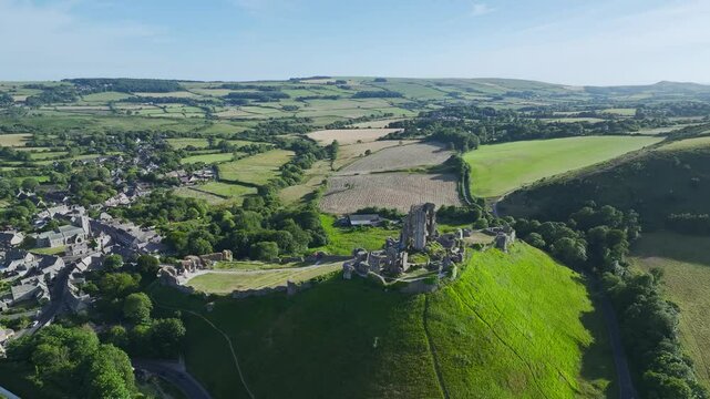 Ruins of Corfe Castle from a drone, Corfe Village, Purbeck Hills, Dorset, England, Europe