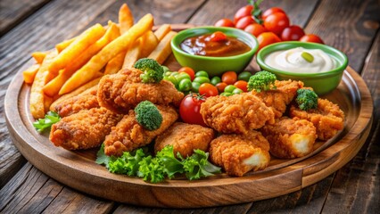 A Delicious And Nutritious Meal Of Fried Chicken, French Fries, And Vegetables Is Served On A Wooden Plate.