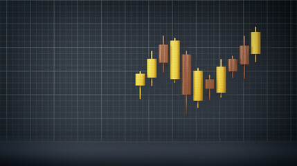 Stock market high-low candlestick chart made up of stacks of gold and copper coins on grid background. Investing financial concept. 3d illustration render.
