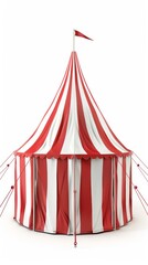 Red and white striped circus tent on white background