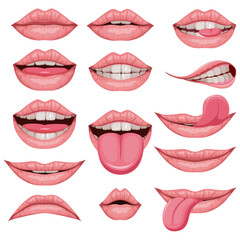 Collection of female lips. Vector illustration isolated on white background. Cartoon style.