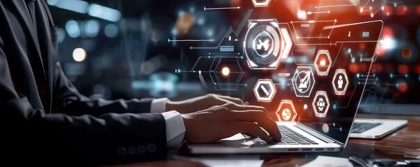 Fototapeta premium Businessman on laptop with strategy icons, futuristic dark setting, illuminated hexagons, innovation.