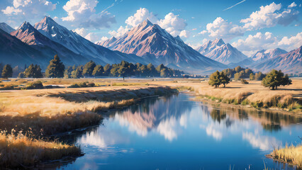 Watercolor Lake Scenery Landscape	