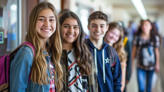 Portrait of happy high school students in hallway looking at camera. stock photo for back to shool theme,