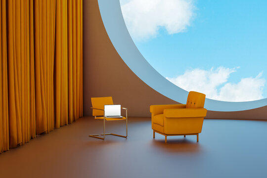 Minimalist living room with armchair and laptop on chair in daytime