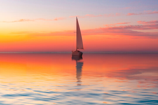 Sailing boat on calm sea at sunset with vibrant sky