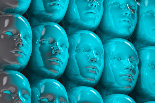 Stacked blue robot heads in neat rows during daytime