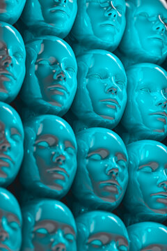 Stacked blue robot heads in neat rows during daytime