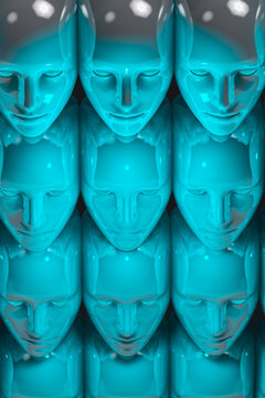 Stacked blue robot heads in neat rows during daytime