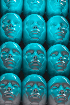 Stacked blue robot heads in neat rows during daytime