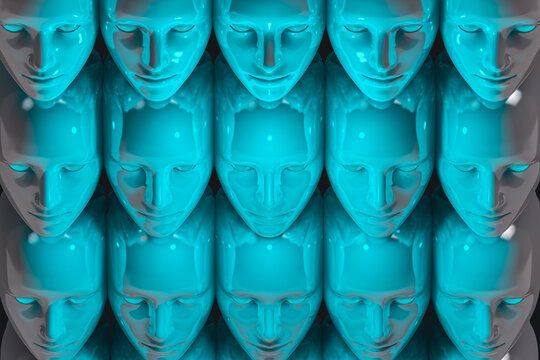 Stacked blue robot heads in neat rows during daytime