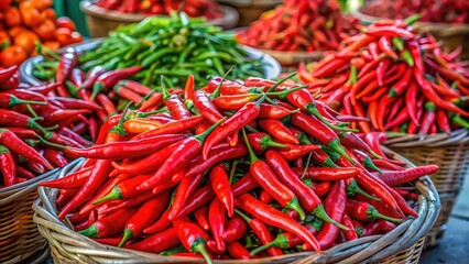 Fototapeta premium Fresh red chili peppers for sale at a local market on the island of Reunion, spicy, vibrant, market, agriculture