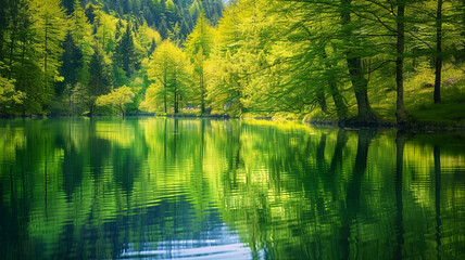 Obraz premium green forest reflecting in water, AI Generative.