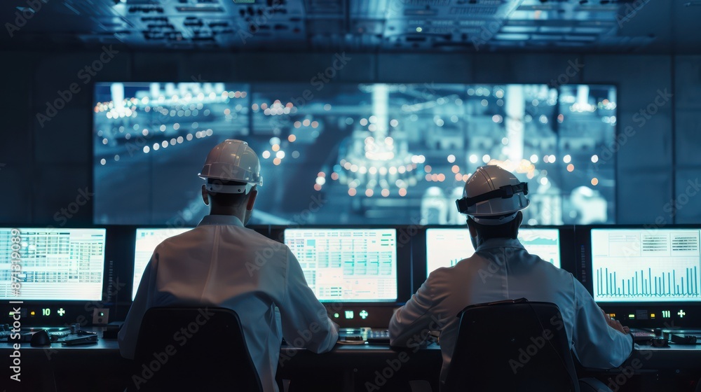 Wall mural Technicians monitoring systems in a power plant control room. 