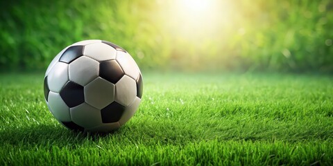 Fototapeta premium Soccer ball resting on lush green grass, sport, football, outdoor, recreation, game, competition, equipment, spherical, round