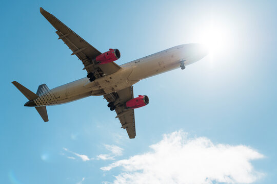 Big airplane landing from below