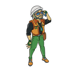 An adult man on call, wearing safety garment. Cute cartoon character. Hand drawn illustration. Real estate, property, housing, construction, site progress concept