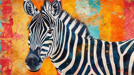 A close-up portrait of a zebra with a colorful abstract background.