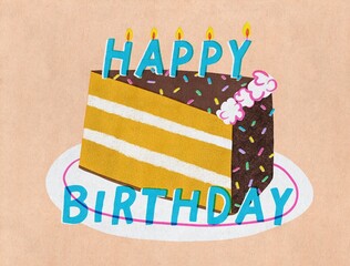 Birthday Cake with Candles, minimal retro illustration