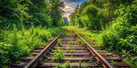Old abandoned railway track surrounded by overgrown vegetation, railway, vintage, transportation, rusted, decay