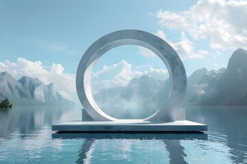 Fototapeta premium 3d render round podium on water with glass wall, arch and mountains. Minimal mockup for product presentation banner. Modern design promotion mock up. Geometric background with empty space