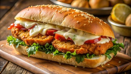 Juicy chicken fillet sandwich with crispy breading, melted parmesan cheese, and tangy sauce, served on a toasted sub roll.