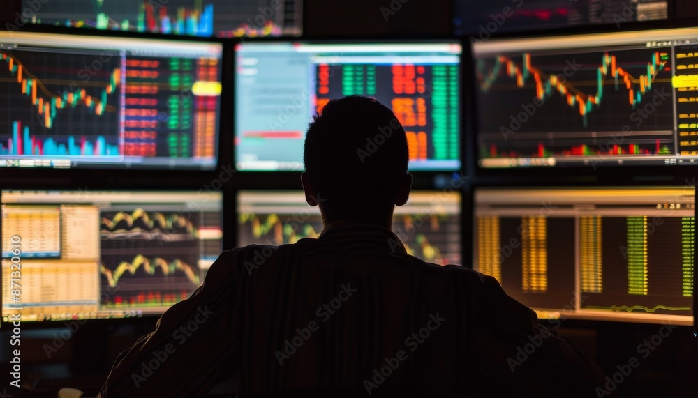Aufkleber person is working in front of multiple computer monitors displaying financial data