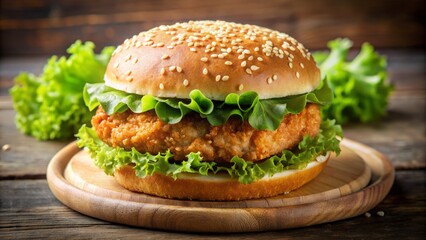 Juicy golden brown breaded chicken patty sits atop a crispy lettuce leaf on a soft sesame seed bun plate.