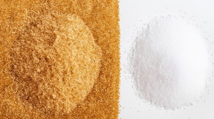 Top view, brown and white sugar with labels, set in a fresh, natural environment. Isolated background, studio lighting, emphasis on clarity and quality