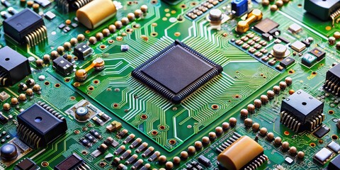 Obraz premium Electronic circuit board with various components and pathways, technology, electronics, computer