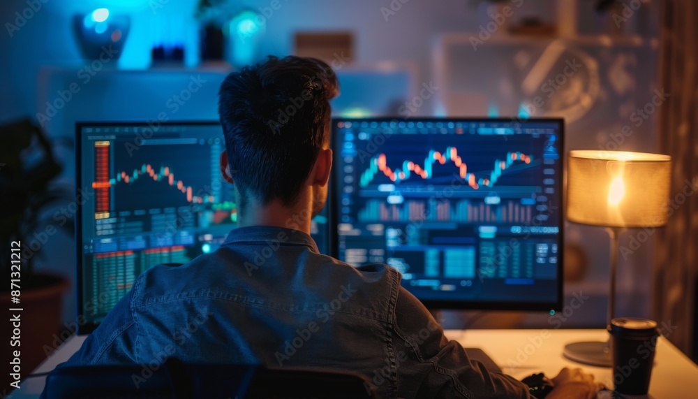 Poster man sitting in front of computer with trading graphs crypto blue light