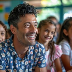 Fototapeta premium A man with a smile on his face is sitting next to a group of children