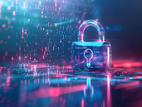 Cybersecurity concept with digital lock and binary code., clean background, Photo stock style, clean background, no copyrighted logo, no letters