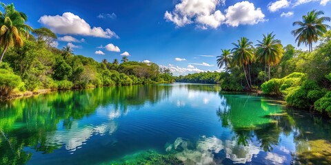 Tranquil lagoon surrounded by lush greenery and clear blue skies, Alchichica, lagoon, Mexico, landscape, nature, water