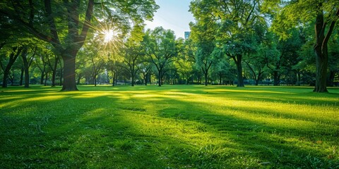 Obraz premium Sunlit Park with Lush Green Grass and Trees