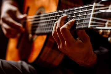 Fototapeta premium Intimate Moment of a Musician Mastering Guitar Chords