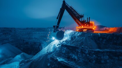 Neon-lit mining landscape, futuristic excavator at work, vibrant colors, intricate machinery, night scene, surreal and captivating