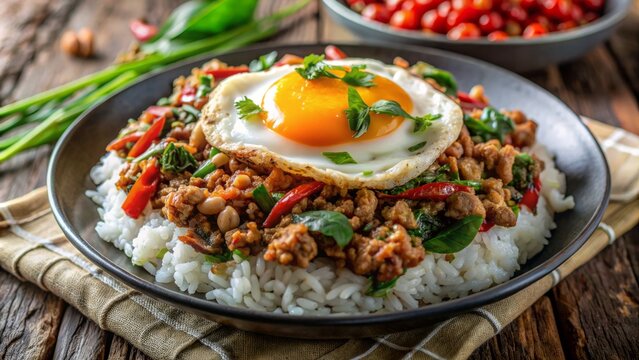 Steaming hot plate of Gai Pad Krapow, flavorful minced chicken with holy basil on rice, topped with a runny fried egg.