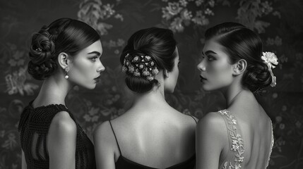 Three elegant women with their backs to the camera.