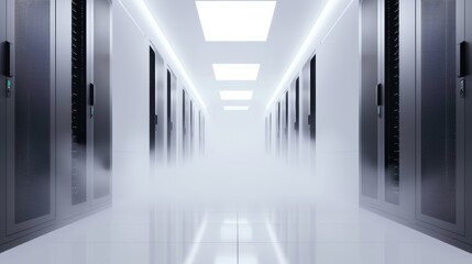 Sleek data server system, orderly data boxes, immaculate room, smoke backdrop enhancing the visual appeal, futuristic and detailed