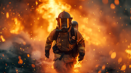 Brave Firefighter in Action Against Raging Flames at Sunset