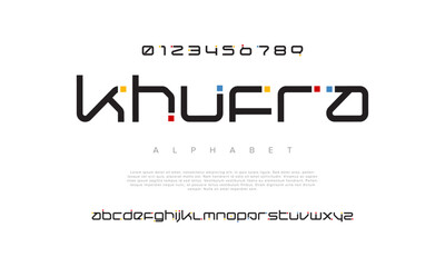 Khufra creative geometric modern urban alphabet font. Digital abstract futuristic, fashion, sport, minimal technology typography. Simple numeric vector illustration