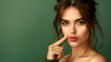 Obraz premium Young Woman Making a Funny Face on a Green Background