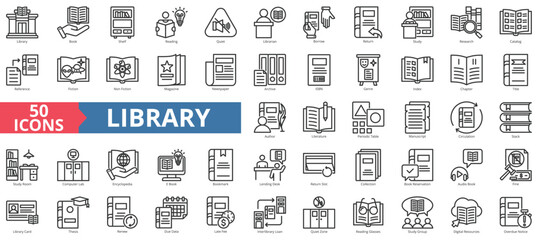 Library icon collection set. Containing book, shelf, reading, quiet, librarian, borrow, return, study, research icon. Simple line vector.